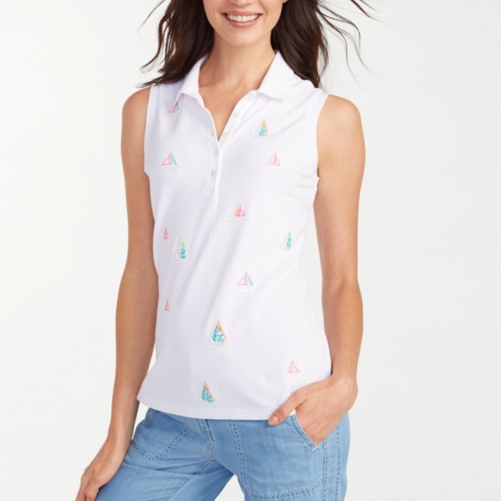 Tommy Bahama Sailboat Sequin White Sleeveless Polo Tank Top
